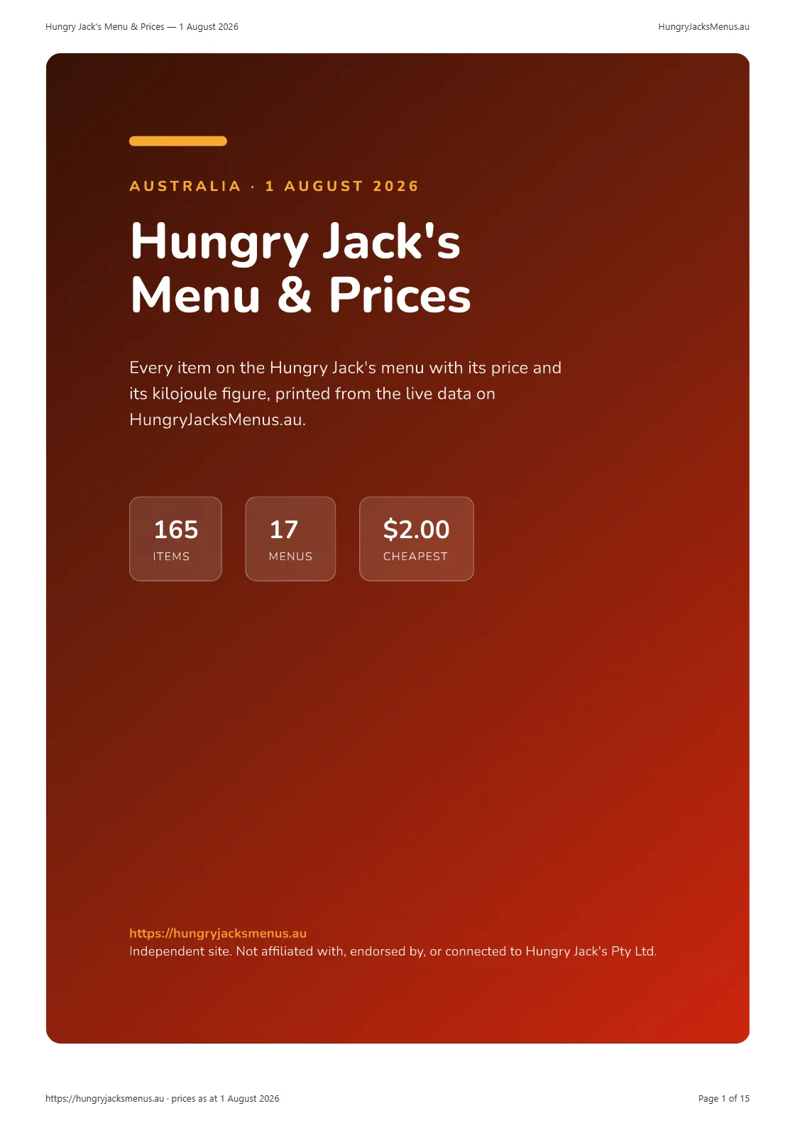 Hungry Jack's Menu & Prices — 1 August 2026, page 1 of 15